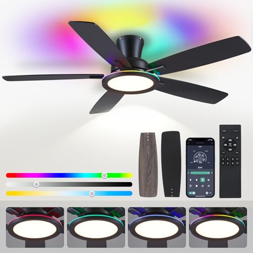 BYKISTOK Flush Mount Ceiling Fan with RGB Light - 52In Black Ceiling Fan Light with Reversible Mute...