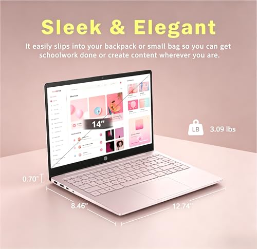 Image of HP Ultra Thin 14 inch Laptop with Copilot, Intel N150, 16GB RAM, 256GB(128GB eMMC+128GB SD Card) • HUB • Mouse, Windows 11S, 1-Year Office 365, Lightweight Tranquil Pink Notebook for Work & School