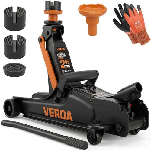 Verda Hydraulischer Wagenheber 2,5T, 85-365 mm, 3X Gummi, robuster Handgriff, Rangierwagenheber PKW, Profi, Ständer, Flache, Wohnmobil, Geländewagen, Heber, Arbeitshandschuhe, Autoheber
