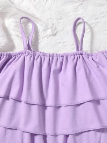 Image of Girl's 2 Pieces Outfits Spaghetti Purple Layered Crop Top and Butterfly Print Skirt Set with Belt 7-13 Years