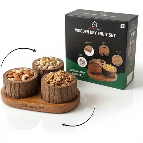 Scissors Art Wooden Dry Fruit Tray with Bowls – Mango Wood Snack Serving Bowl Set, Rustic Tree Bark Design Nut & Candy Serving Tray for Home, Party & Gifting (3 Bowls with Tray)