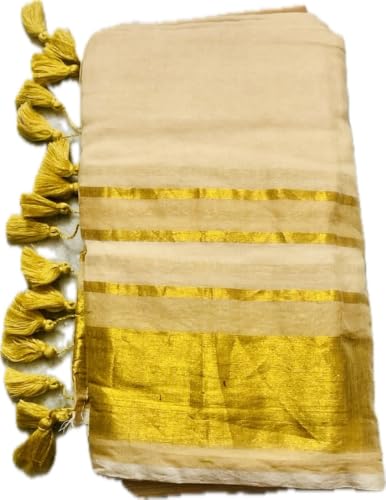 Image of Women's Mul Cotton Saree with Tassels | Soft Mulmul Saree | Woven Stripes & Zari Line | 5.5 Metres - Without Blouse