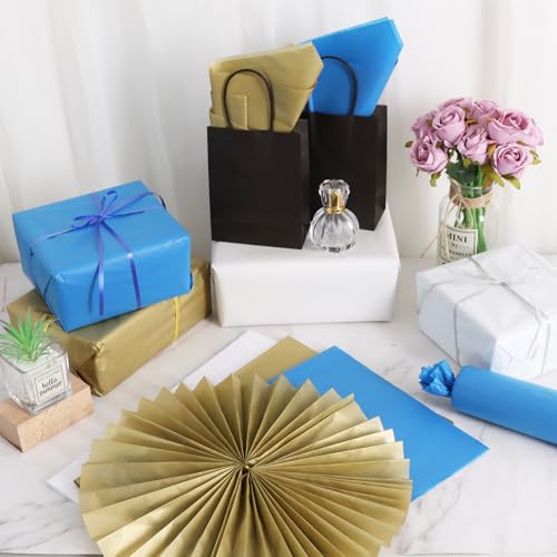 Image of BEISHIDA 90 Sheets Blue White Gold Tissue Paper Bulk, Halloween Wrapping Tissue Paper for Gift Bags, 14 x 20 Inch Gift Wrap for Halloween Graduation Birthday DIY Crafts Holiday Flowers