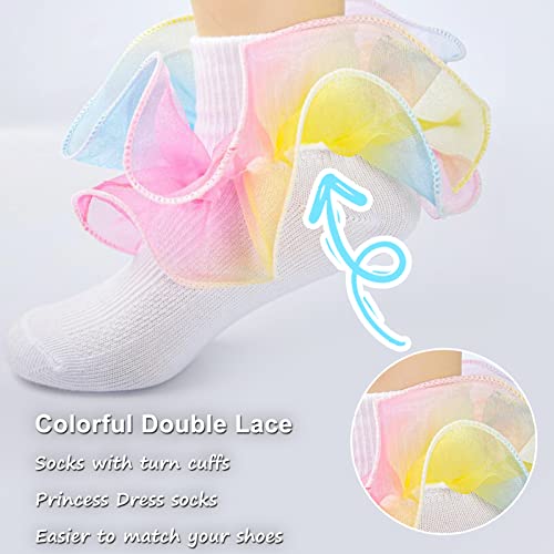 4 Pairs Toddler Girls Big Ruffle Rainbow Socks Double Lace Sock Turn Cuff Shimmering Frilly Dress for Infant Kids 1-10 Years4