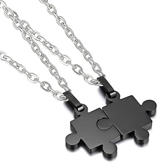 Cupimatch 2 Pieces Black Stainless Steel Puzzle Matching Pendant Couple Necklace Set with 18" & 22" Chain
