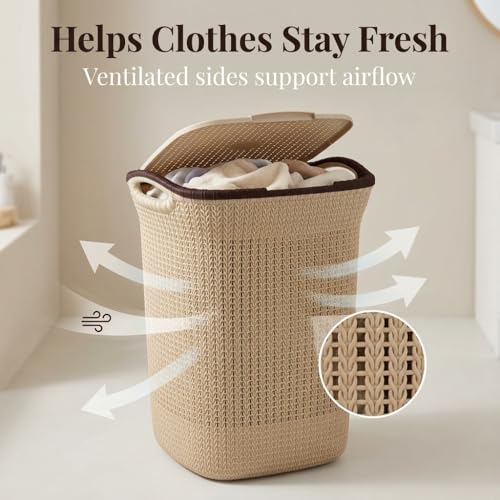 Image of PrettyKrafts 60L Plastic Laundry Basket with Lid | Large Clothes Laundry Basket & Storage Bin | Toy Storage Basket | Multipurpose Storage Organiser | 61x45x35cm | Beige