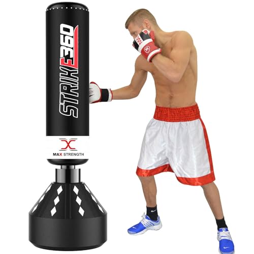 X MAXSTRENGTH MAXSTRENGTH Free Standing Boxing Punch Bag kickboxing Training Heavy punching MMA Martial Arts with Strong Suction Base Dummy Equipment (Black/White Strike 360) Size 5.5FT
