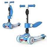 SEJOY Roller Kinder 3 Jahre, Kinderroller mit PU LED Räder, Höhenverstellbar, Faltbar Dreiradscooter, Tretroller mit Abnehmbarer Sitz, Kinderscooter für Kleinkinder Jungen Mädchen, ab 3 Jahre (Blau)