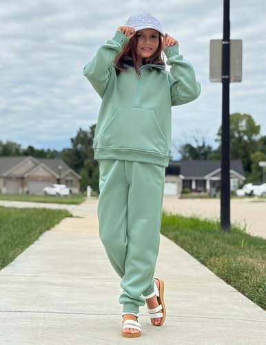 Image of Arshiner Girls 2 Piece Outfits Sweatsuit Half Zip Sweatshirt and Sweatpants | Fall Winter, Drop Shoulder Long Sleeve, Thumbhole Hoodies, with Sweatpant, Jogger Set, Sweat Set, Tracksuits with Pockets