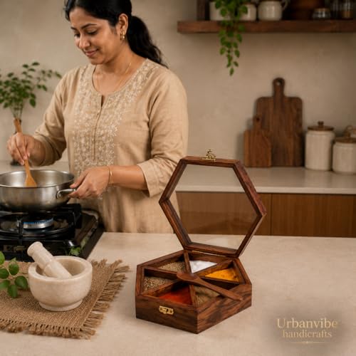 Image of Sheesham Wooden Table Top Masala Dabba Containers Jars & Kitchen Spice Box with Spoon Masala Box For Kitchen (Sheesham Wood, Removable Partitions, Brown), 50 Ml