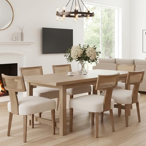 HNY Mid Century Modern Rattan Dining Chairs Set of 6, Farmhouse Linen Upholstered Accent Chair Curved Backrest Kitchen Chairs, with Hardwood Frame, Beige