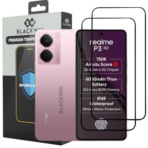 Image of Blackwik Tempered Glass Screen Protector for REALME P3 with Edge-To-Edge Protector Coverage | Easy Installation Kit (Black) (Pack Of 2)