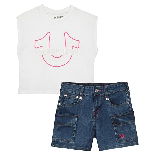 Image of True Religion Girls Jeans Shorts Set Girls Denim Short and Fashion Tee Shirt Clothing Set for Kids