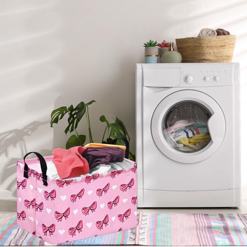 Image of Storage Basket Home Shelf Basket Kids Organizer Box Clothes Laundry Hamper Nursery Bin Gift Laundry Basket with Handles Pink Bowknot Pattern for Home