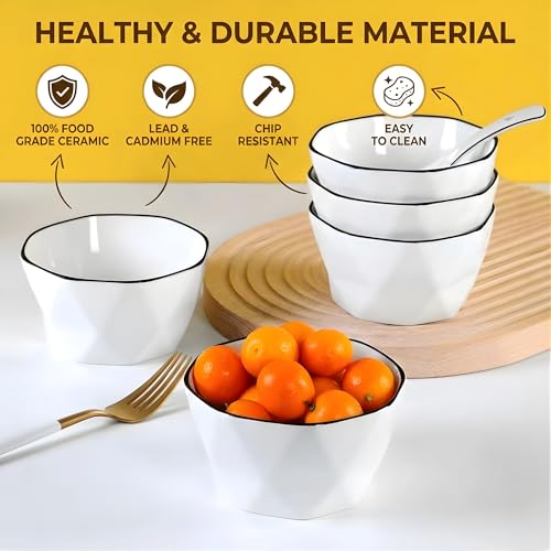 Image of Modern Geometric White Ceramic Bowls, Food Grade Porcelain with Minimalist Black Rim, Lead & Cadmium Free, Chip-Resistant Snack & Cereal Bowls (Set of 2)