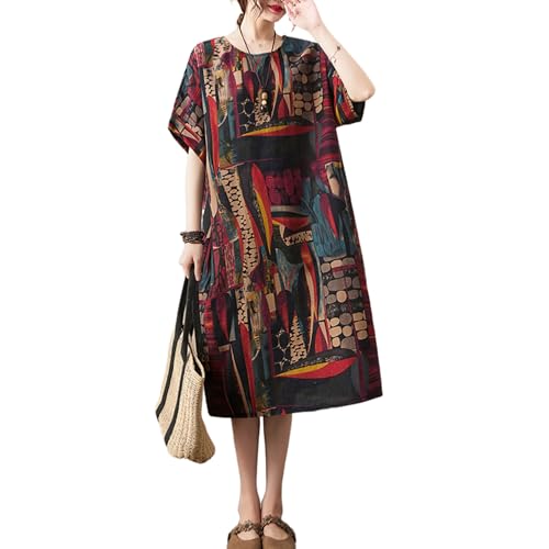 Image of LUZU JUNU Women's Summer Baggy Plus Size Loose Cotton Linen Long Boho Beach Dress with Pockets