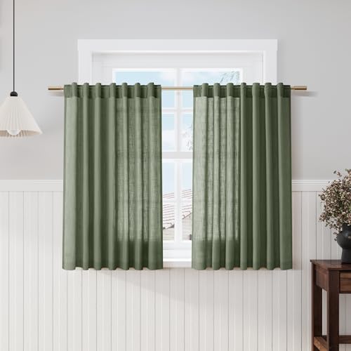 Image of Olive Green Kitchen Cafe Curtains 45 Inch Length 2 Panel Set Back Tab Rod Pocket Semi Sheer Light Filtering Short Curtain Farmhosue Small Curtains for Basement Window Bathroom Living Room 52x45