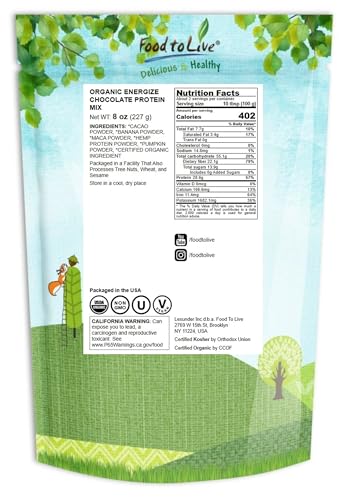 Image of Food to Live Organic Energize Chocolate Protein Mix, 8 Ounces - Plant-Based Blend with Hemp and Pumpkin Protein. Cacao, Banana and Maca Powders. Perfect for Smoothies and Shakes. Vegan, Kosher, Bulk