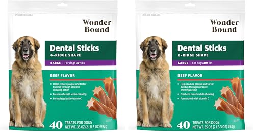 Image of Wonder Bound Beef Flavor Dental Sticks for Large Dogs (Over 30 lbs), 6-Ridge Shape for Plaque & Tartar Control, Freshens Breath, Formulated with Vitamin C, 40 Count (Pack of 2)