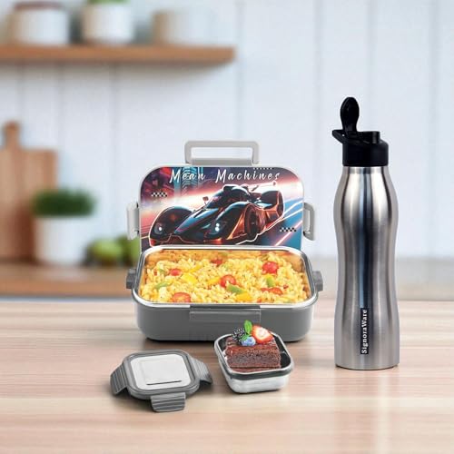 Image of SIGNORA WARE Delight C Chipmunk Stainless Steel Printed Lunch Box Set for Kids | Airtight Clip Lock Lid | Compact & Sleek Size | Great for Picnics & Outdoors (850ml + 160ml + 750ml Bottle | Grey)