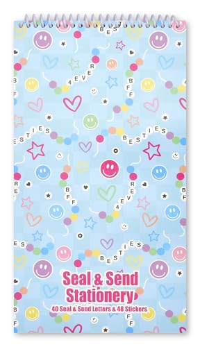 Image of iscream Fold and Send Girls Stationery Note Card Pad with Seals - Besties | 40 Pack, Cute Design, Spiral Bound, Large 10.5 inch x 5.75 inch Cards, Coordinating Sticker Sheets, Fold and Send, Summer Camp Ready