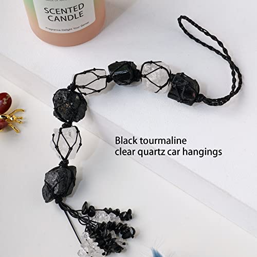 Image of Runyangshi Natural Crystal Black Tourmaline&Clear Quartz Rough Stone Hanging Ornament with Chip Stones Tassels Reiki Healing Meditation Energy Balance Yoga Home Decor Gift