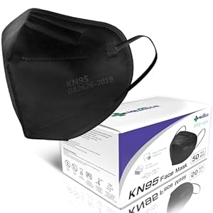 Medtecs KN95 Face Masks Disposable – Individually Wrapped, 5 Ply Protection & Extra Wide Elastic Ear Loops Design, ≧ 95% Filtration Efficiency | Mask Extender included, 50 PC – Black