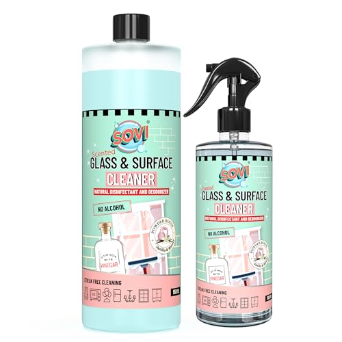 SOVI Glass & Surface Cleaner - Powder Room Fragrance | Alcohol-Free, Vinegar-Powered Formula for Streak-Free Shine|Removes Dust | Safe for Windows, Mirrors & All Surfaces | 500ml + 950ml (Pack of 2)