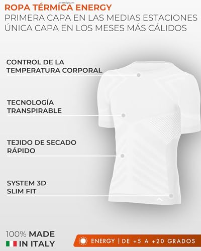 Risalti Camiseta térmica para hombre de manga corta Energy – Ropa interior térmica elástica y transpirable, camiseta sin costuras sin costuras – Fabricada en Italia, Color blanco., XL/XXL
