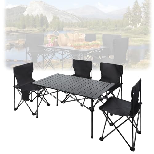Juego de mesa y sillas plegables de 4 piezas, juego de mesa de camping resistente, mesas de picnic portátiles enrollables con 4 sillas, impermeables, resistentes a las manchas, muebles portátiles de