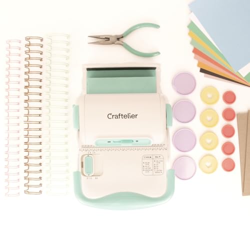 Craftelier - Kit de Iniciación a la Encuadernación | Set con Mini Encuadernadora Minty Duo, Anillas tipo WIre - O y de Disco, Cartulinas para Crear Álbumes, Planners y Cuadernos Personalizados