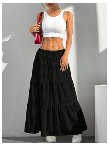 Image of Verdusa Women's Long Maxi Skirt Boho Flowy Flared Ruffle Skirts 2026 Beach Vacation Summer Going Out Outfits