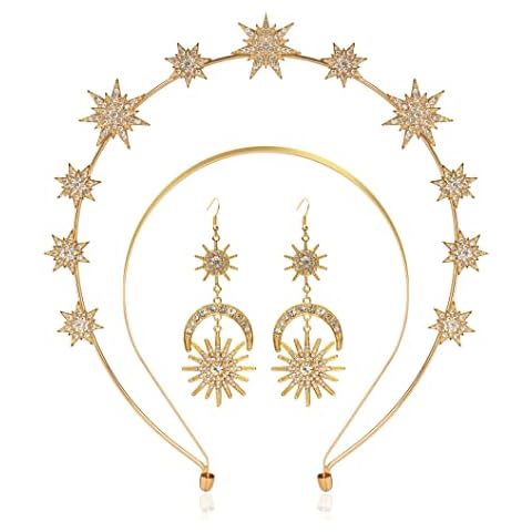 Zivyes Halo Crown Stars Goddess Crown Halo Headband Tiaras and Crowns for Women Boho Bridal Wedding Headpiece (1-Gold Crown With Earrings) Cover