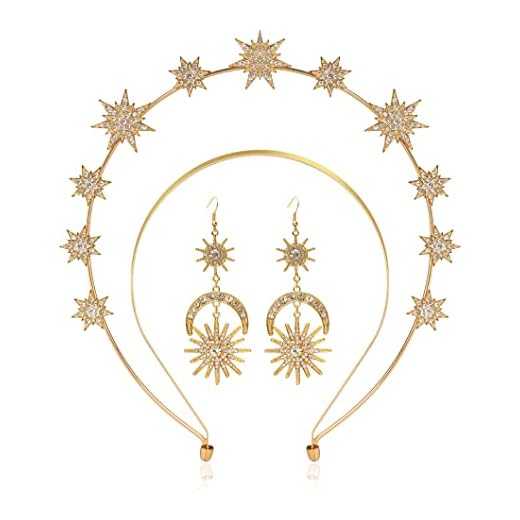 Halo Crown Stars Goddess Crown Halo Headband Tiaras and Crowns for Women Boho Bridal Wedding Headpiece (1-Gold Crown With Earrings)