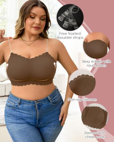 Image of Plus Size Strapless Bras for Women Strapless Push up Bra | Clear straps,No-Slip,Wireless,Full Coverage Bandeau,Jelly Support Technology,Smooth shaping,Everyday ladies strapless bras
