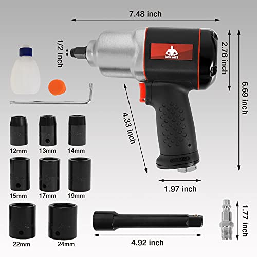 Jack Boss 1/2-Inch Drive Air Impact Wrench 664 Ft-Lbs Powerful Torque Pneumatic Impact Wrench Twin Hammers With 8 Sockets &Case #TOP1