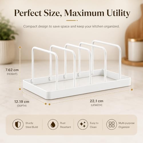 Image of Homeze Dish Drying Rack for Kitchen Counter | Carbon Steel Plate Stand & Pot Lid Organizer | 5 Slot Dish Drainer for Plates, Cutting Boards & Trays | Rust Resistant Cabinet Storage Rack - White(2 Set)