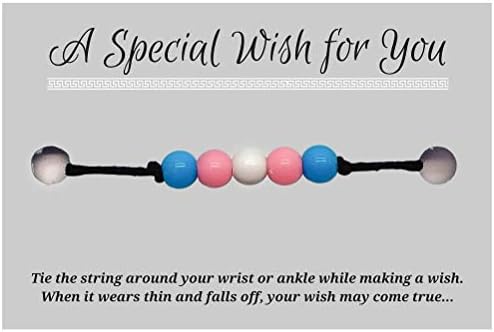 Trans Pride Colours Black Hemp Wish Bracelet with 6mm Acrylic Beads Charm on Printed Card - Adjustable - Unisex