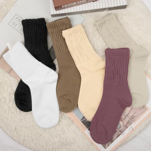 Chalier 6 Pairs Slouch Socks for Women, Soft Cotton Retro Scrunch Socks Mid Calf Rib Tube Sock Women2