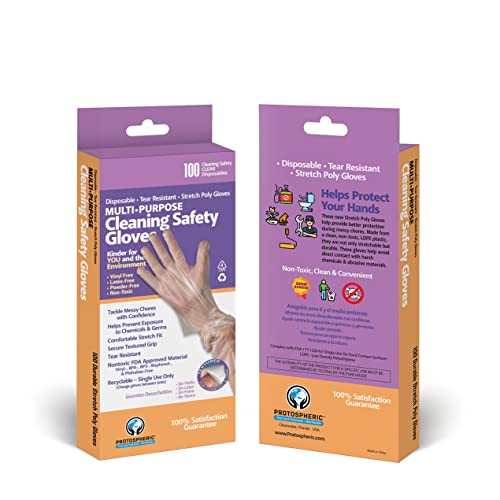 Protospheric Disposable Gloves - Stretch Poly Tough Cleaning Gloves - Non Latex - Clear Nitrile, Vinyl, Latex and Powder Free