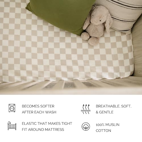 Image of Taupe Checkered Muslin Crib Sheet by Mebie Baby, Soft and Breathable Bed Sheets for Babies, Modern Neutral Bedding for Cribs, Standard Crib Mattress Fitted Sheet, Great for Boy or Girl Room or Nursery