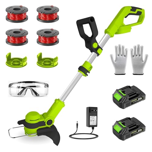 Electric String Trimmer Cordless with 20V Battery Powered 12-inch Lawn Mover & Edger Lawn Tool with Charger, Powered Grass Trimmer with 4pcs Spools and 2 Spool Covers Line for Yard and Garden, Green