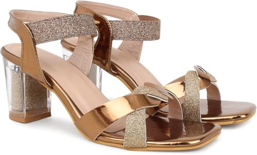 Image of Action Women's Rose Gold Glitter Sandals| Clear Block Heel| Cross-Strap Design with Ankle Strap Bronze