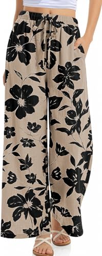 TARSE Women Linen Palazzo Pants Summer Wide Leg Casual Lounge Pant 2026 Beach Travel Vacation Outfits(BlackFloral M)