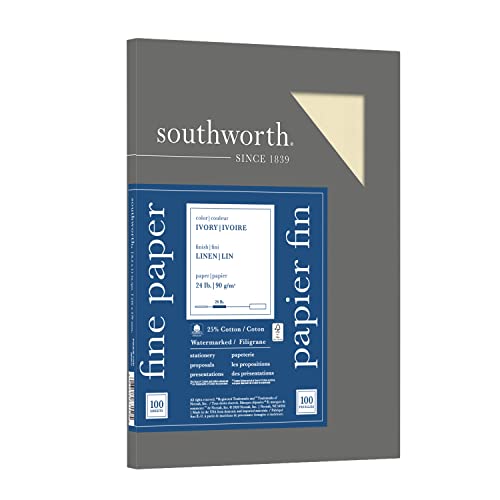 Southworth 25% Cotton Business Paper, 8.5” x 11”, 24 lb/90 gsm, Linen Finish, White, 100 Sheets - Packaging May Vary (P564CK), Ivory