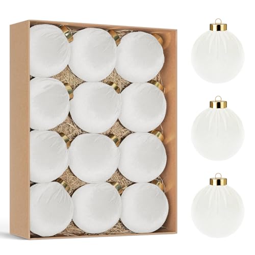 Miaikoe Velours Arbre de Noël Suspendu Ornaments Boules, 12 PCS Plastique Noël Suspendu Boules pour la décoration Hiver Vacances décor 8CM Blanc