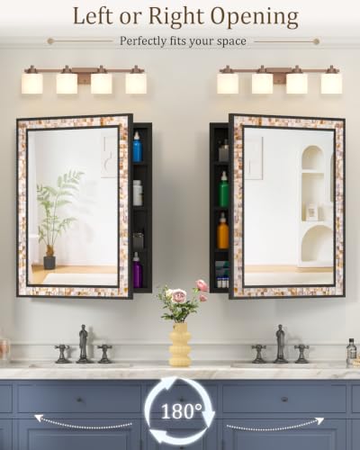 Image of 20x26 Inch Natural Shell Inlay Black Medicine Cabinet with Mirror, Bathroom Shatterproof Mirror with Storage, Reversible Installation Wall Mount or Recessed, Large Space 3 Shelves and 1 Organizer