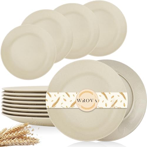 Wrova Wheat Straw Dinner Plates 9 Inch Unbreakable Set of 8 - Dishwasher & Microwave Safe Plastic Plates Reusable - Lightweight Plates for kitchen,camping,salad,appetizer - Beige