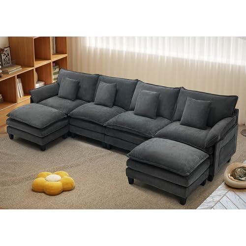 Image of 140 inch Cloud Couch, Modular Sectional Sofa with Movable Ottoman, U Shaped Modern Sofa with Pillows, Comfy Couch, Deep Seat Couches for Living Room, Bedroom and Apartment, Grey