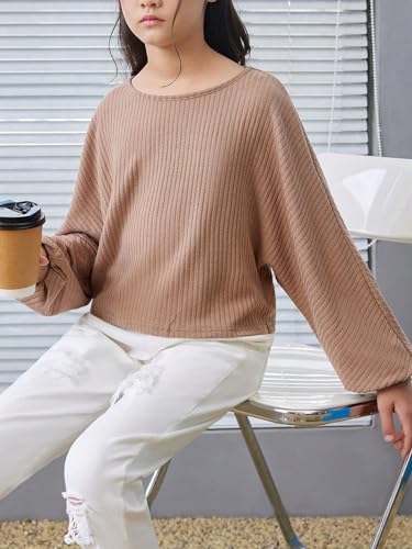 Image of SOLY HUX Girl's Bishop Long Sleeve T Shirt Round Neck Loose Solid Tee Tops Plain Apricot 11Y